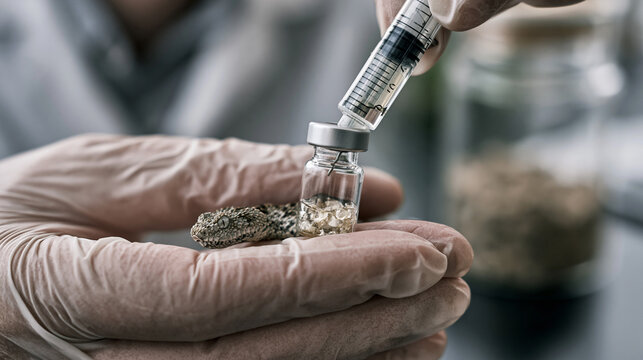 Research scientist's close-up gloved hands extracting venom from a Russell's viper into a small glass vial under bright minimalist studio laboratory lighting, perfect for