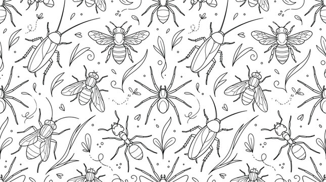 Insects and bugs seamless pattern vector background featuring spider ant fly bee and cockroach line art
