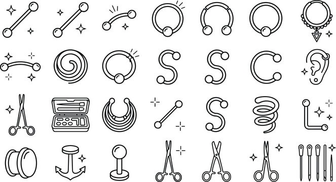 Body piercing jewelry and tools line icon set featuring barbell ring needle clamp and tunnel symbols