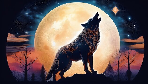 stylized wolf howling at full moon in a dreamy night sky