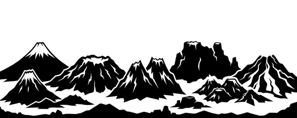 Collection of Black and white silhouette panorama of various mountains and volcanoes, conveying rugged natural landscapes and geological formations with distinct peaks and craters in a clean graphic. © mr.shawn007