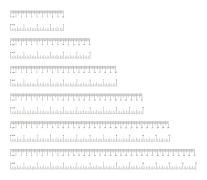 Inch, metric rulers. Set of Measuring tool flat template. Scale for ruler in centimeters, inches. Metrics indicator cm, inch. Inches, centimeters simple measuring scales. Measuring scales black icon.
