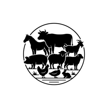 Collection of Farm animal silhouette icon set vector illustration featuring livestock cow horse sheep goat pig rabbit chicken duck grouped inside circular frame design element for agriculture graphic.