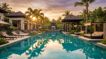 Fototapeta premium Luxury tropical resort swimming pool at sunset