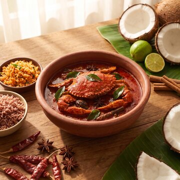 Traditional Jaffna Crab Curry with Red Rice and Coconut Sambol
