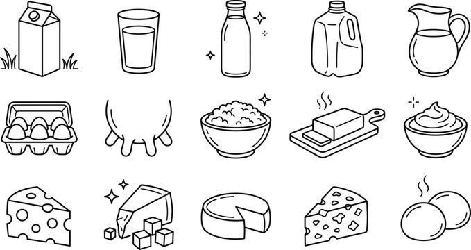 Dairy product and milk line icon set featuring cheese butter yogurt egg carton udder and pitcher symbols