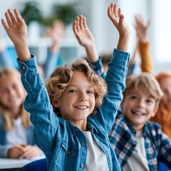 Fototapeta premium Students in a classroom raise their hands to answer questions during a lesson in the morning hours
