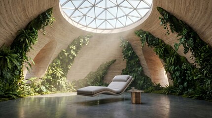 Obraz premium Modern interior design with a comfortable lounge chair and green plants