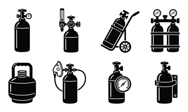 A collection of black vector icons showing medical oxygen tanks and cylinders.
