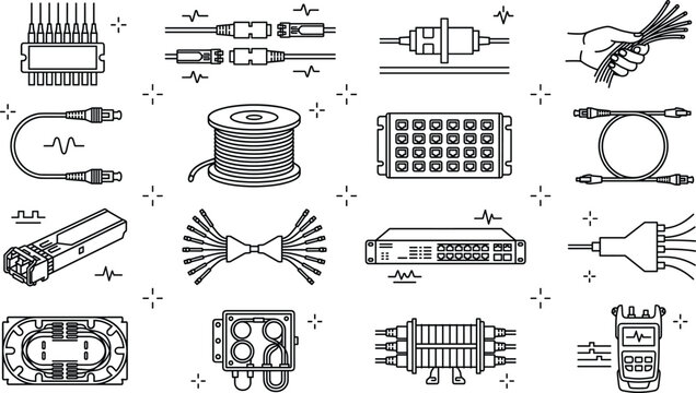 Fiber optic network cable line icon set featuring transceiver patch panel connector switch and hardware symbols