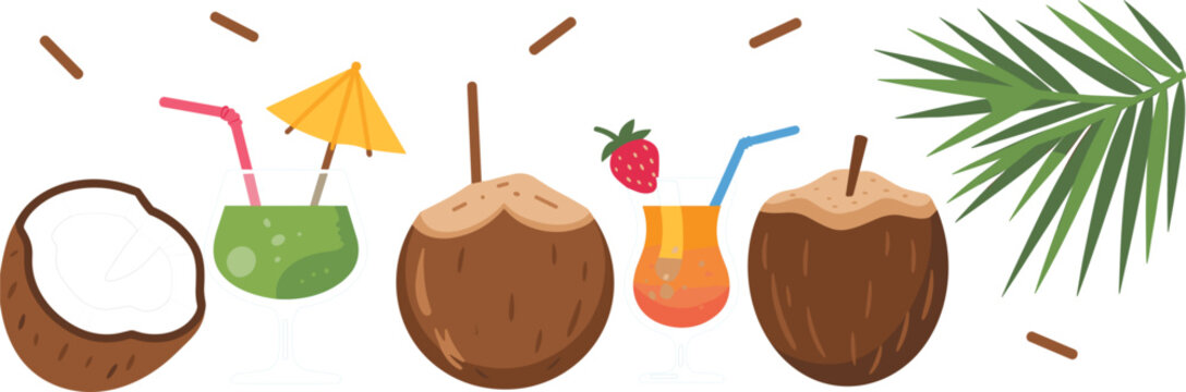 Tropical Cocktails and Coconut Drinks with Palm Leaf and Umbrella vector untitled
