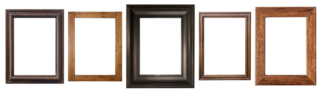 Collection of five wood frames with transparent background