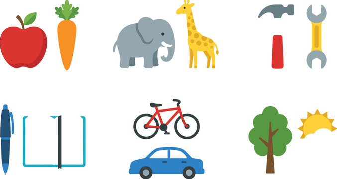 Cute Flat Vector Icon Set with Paired Animals Food Tools Stationery Transport and Nature Elements for Children Educational Games and App Designs
