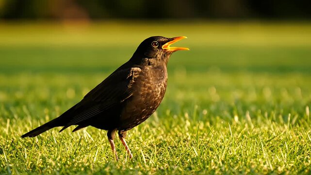 Common blackbird standing on a green grass lawn.