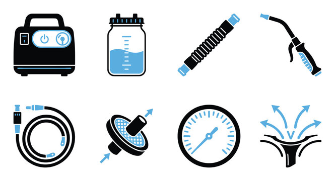 A collection of minimalist medical icons in black and blue illustrates health equipment.