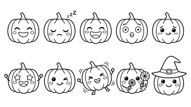 Black and white illustration of happy smiling pumpkins with various expressions and emotes on their faces.