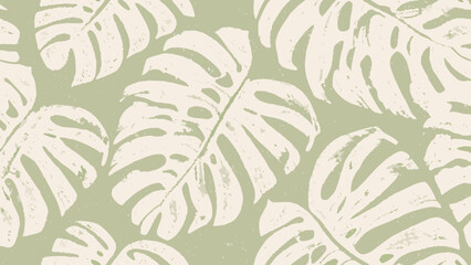 Monstera leaf pattern features a textured light green and cream color scheme with a repeating botanical design © Rabindrabath