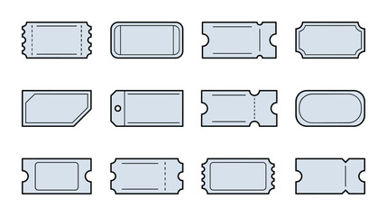 A set of simple outline ticket icons with different shapes and perforated lines.