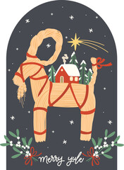 Fototapeta premium Traditional Scandinavian Yule Goat Greeting Card with Merry Yule Lettering. Nordic Christmas Folk Art Illustration with Straw Julbock, Red Swedish House, Mistletoe and Arch Frame on Dark 