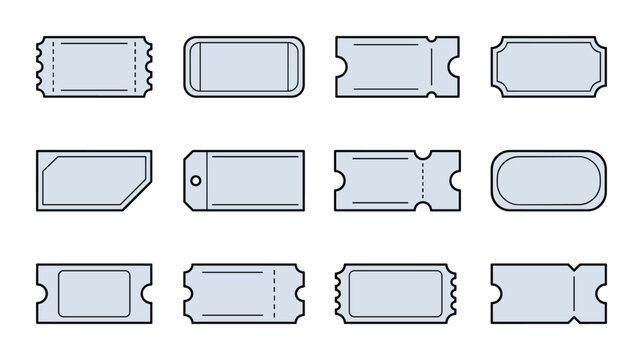 A set of simple outline ticket icons with different shapes and perforated lines.