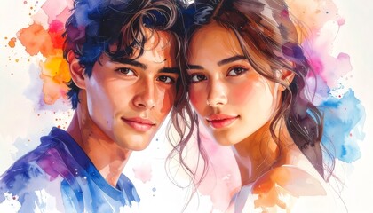 Obraz premium Young couple smiling, watercolor art with colorful splashes