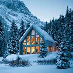 Obraz premium Winter cabin in the forest with snow-covered trees and mountains in the background during twilight