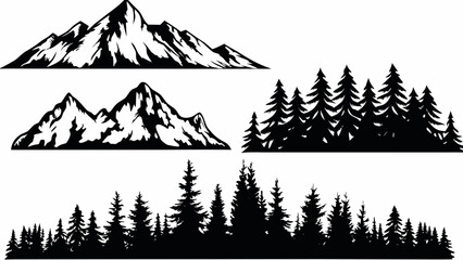Mountain and coniferous tree silhouettes against a white background a monochromatic vector illustration alpine aspen backdrop black and white © Rabindrabath