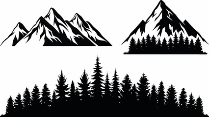 Black and white vector illustration depicting mountain ranges and coniferous forest silhouettes on a white background alpine © Rabindrabath