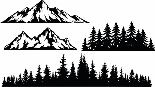 Mountain and coniferous tree silhouettes against a white background a monochromatic vector illustration alpine aspen backdrop black and white