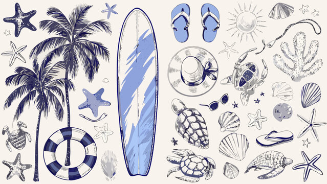 A detailed vector illustration featuring a collection of summer themed beach and nautical elements in blue tones
