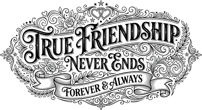Friendship day typography vintage style 'true friendship never ends' design for cards gifts