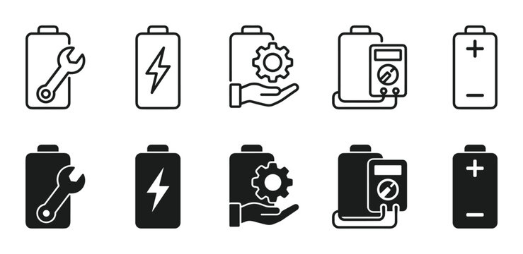 Battery maintenance, charging, and testing service icon set.