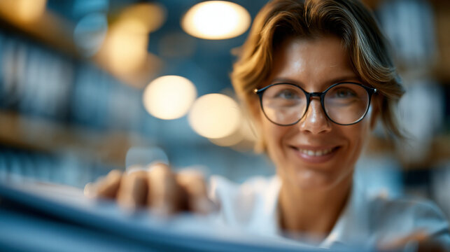 A wide shot of a businesswoman organizing softly calm policy binders on a bright office shelf binder organize open face bright office soft daylight full scene