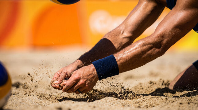 Beach volleyball player bumping the ball in the sand during a sunny game