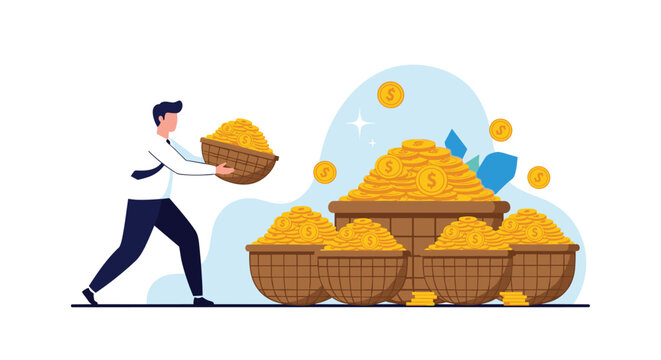 Wealthy businessman carrying a heavy basket of gold coins to add to his massive collection of riches in several large baskets.