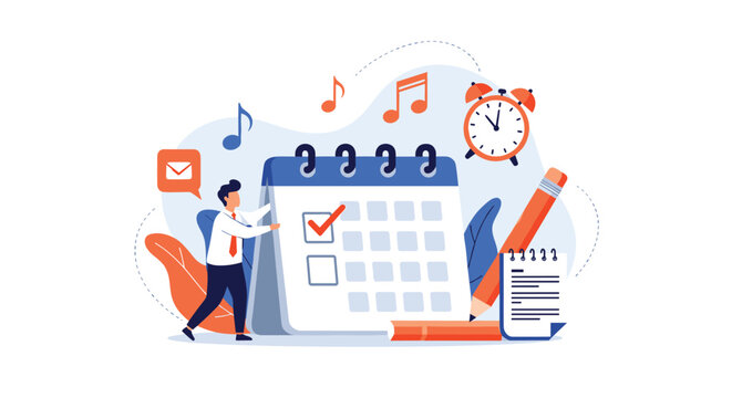 Organized businessman managing his daily schedule and appointments using a giant calendar with a clock and musical notes.