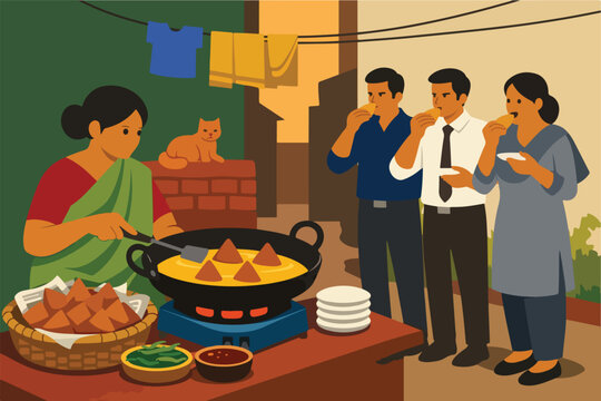 South Asian Woman Vendor Frying Singara in Iron Kadai in Urban Alley at Afternoon, Flat Vector