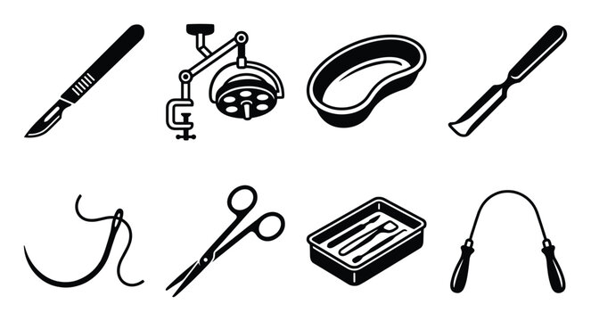 Black and white minimalist medical icons of surgical instruments and equipment.