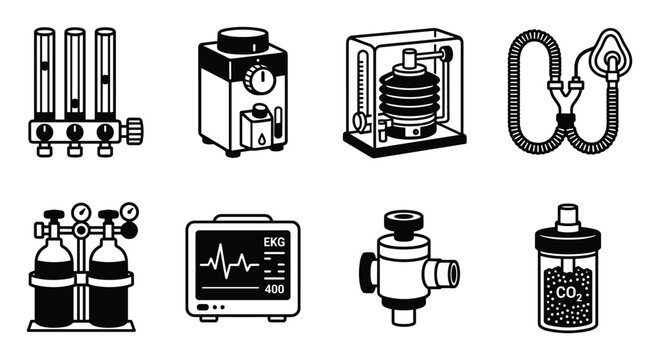 Black and white minimalist medical icons of anesthesia and monitoring equipment.