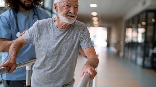 An elderly man gripping parallel bars in a rehab facility, a geriatric specialist guiding his arm gently, warm overhead lighting on pale linoleum, intergenerational care visible,