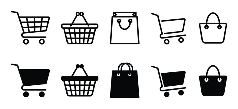 Black outline and solid shopping carts, baskets, and bags vector icons.