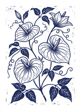 Blue Anthurium blooms botanical ink stamp illustration with distressed texture.