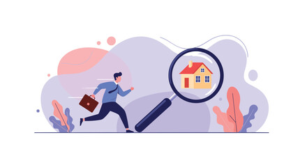 Obraz premium Eager businessman running towards a magnifying glass showing a small house representing a property search or goal.