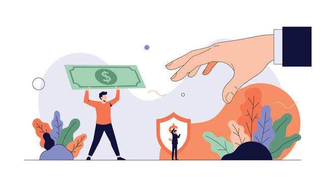 Small man holding up a large dollar bill while a giant hand reaches down to take it representing taxes or theft.