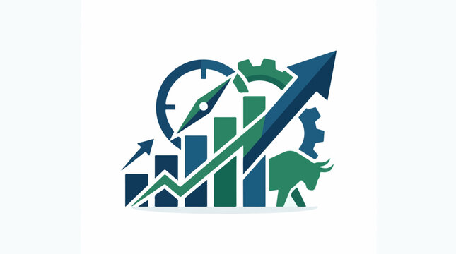 A graphic illustration showing a speedometer bar graph bull and gear icons in blue and green hues