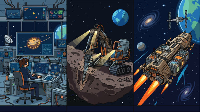 Space mission control operators monitor heavy industrial mining equipment extracting valuable mineral resources from a large asteroid in deep outer space