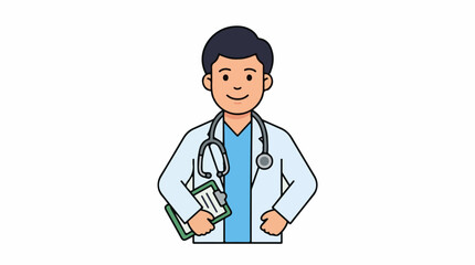 Fototapeta premium A smiling doctor with dark hair wearing a white coat and blue scrubs