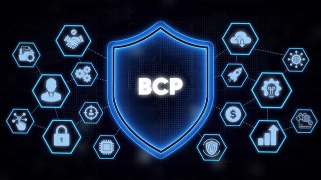 Business continuity plan bcp concept with digital shield and network motion cyber security