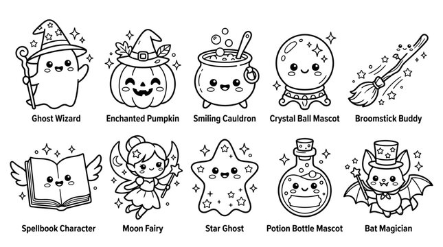 Halloween cartoon characters and objects are depicted in a whimsical illustration style for coloring.
