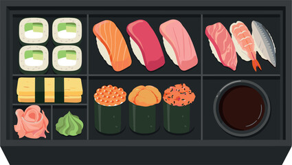 Traditional Japanese sushi bento box collection featuring premium nigiri maki rolls gunkan tamago ginger wasabi and soy sauce flat vector illustration © Afasana
